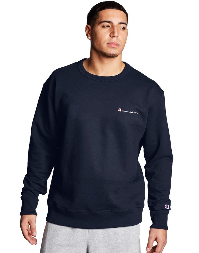 Champion Mens Sweatshirt NZ - Powerblend Fleece Crew Script Logo Navy ( 1350-CAIQE )